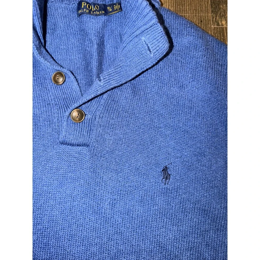 Polo Ralph Lauren Mock Neck Sweater Mens XL Blue 1/4 Button 100% Cotton Pullover